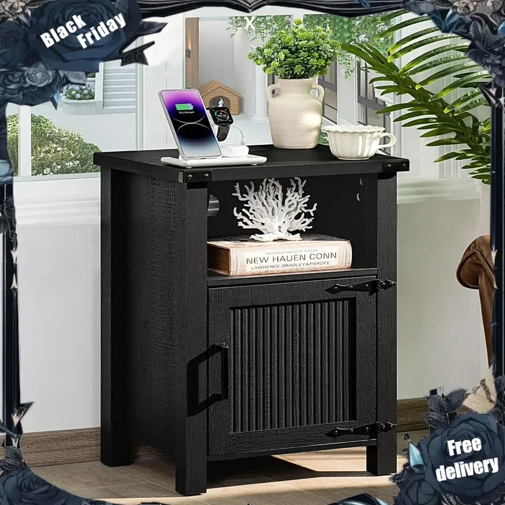 

Night Stand, 18 Inch Farmhouse Nightstand with with Charging Station and USB Port, Rustic Couch End Table with Magnetic Door