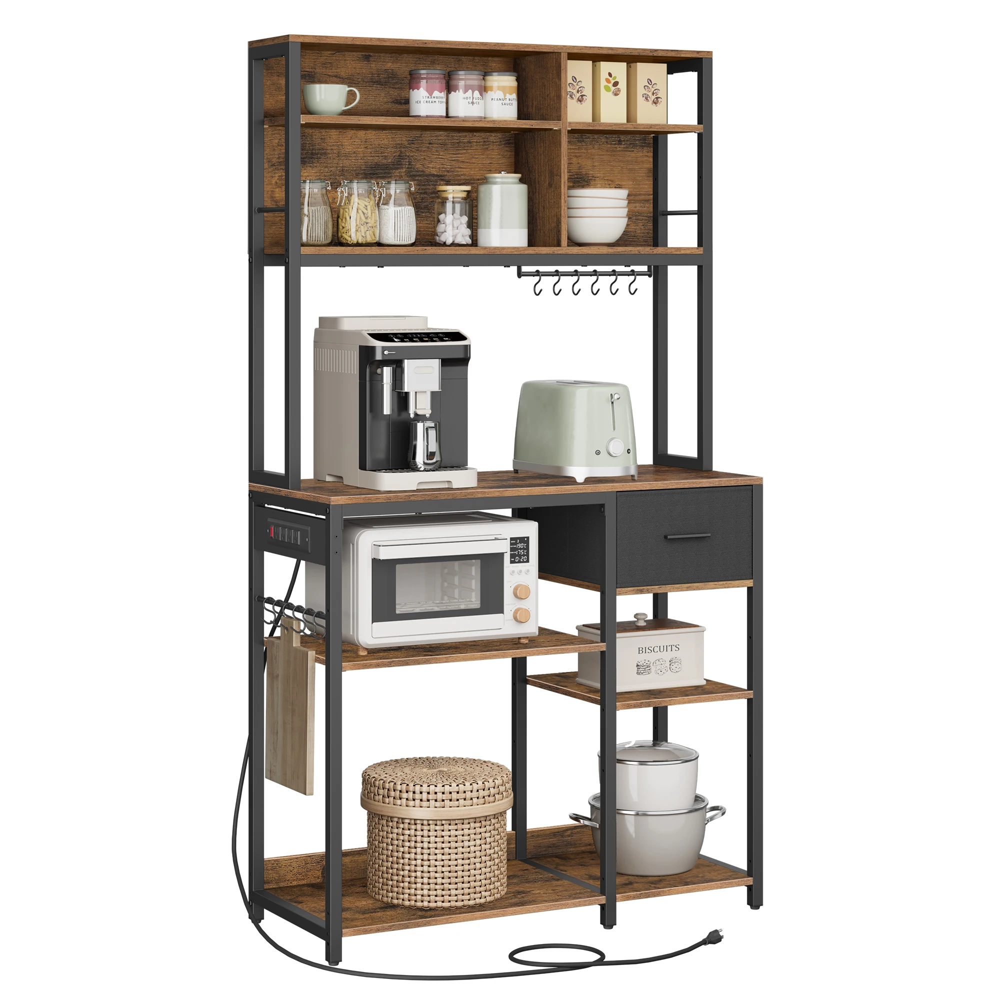 VASAGLE Bakers Rack with Charging Station, Coffee Bar with Adjustable Storage Shelves, Fabric Drawer, 12 Hooks