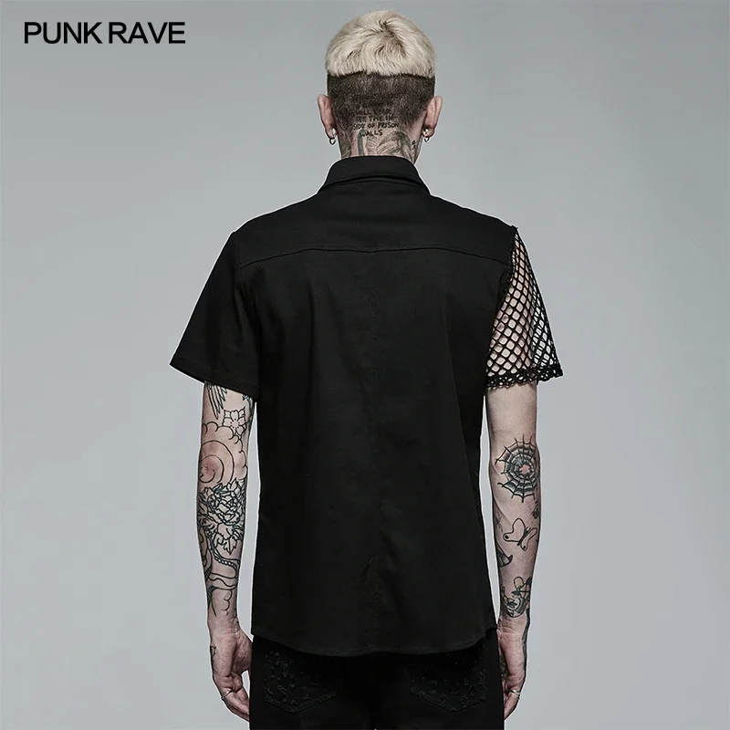 PUNK RAVE Men\'s Punk Simple Profile Asymmetric Stitching Black Shirt Ghost Shaped Buttons Summer Casual Blouses Shirts for Men