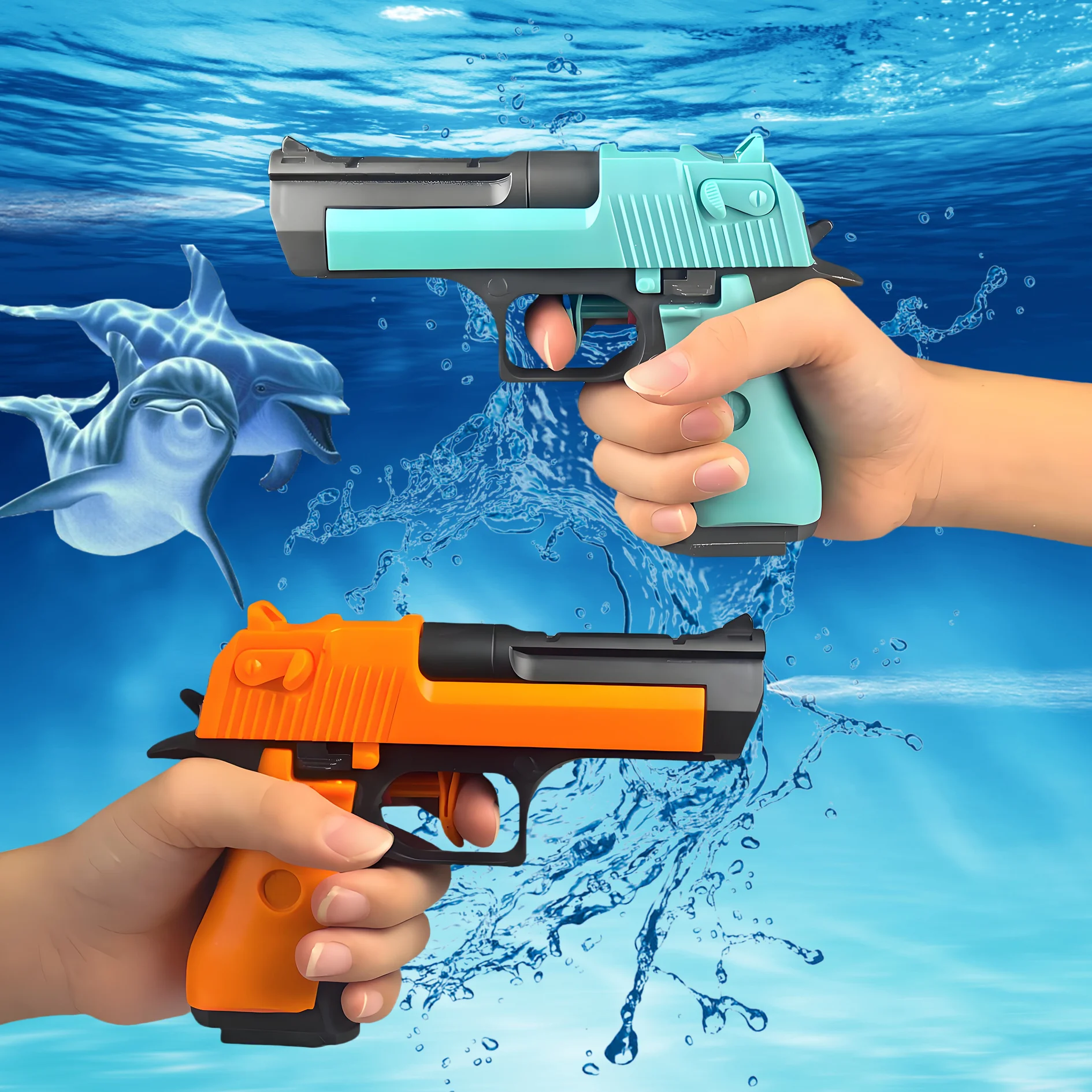 2pc color-block water guns, small spray guns suitable for summer parties and outdoor games, featuring a mixed color design and b