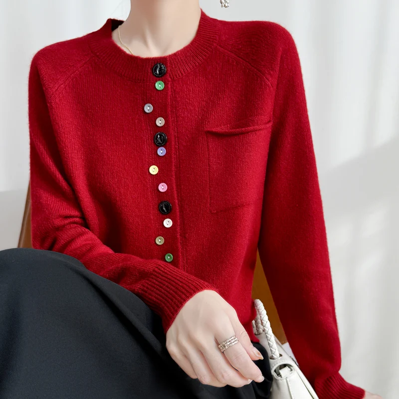 2025 New Fashion Spring O-neck Long Sleeve Cardigan Women\'s 100% Merino Wool Sweater Cardigan Color Button Knit Top Women\'s
