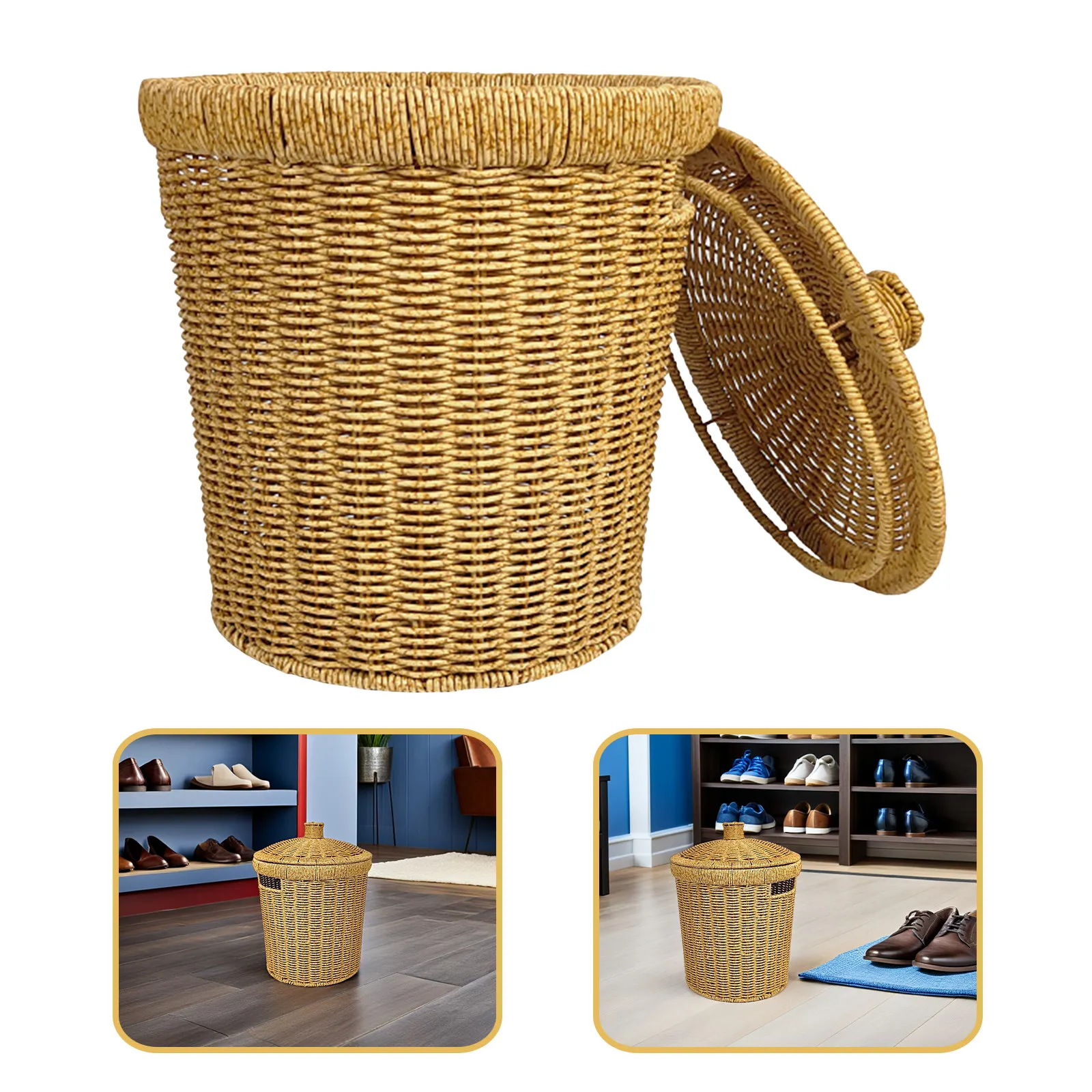 

Imitation Rattan Trash Bin Handwoven Round Waste Basket Garbage Container Bathroom Kitchen Office Bedroom Medium Lid
