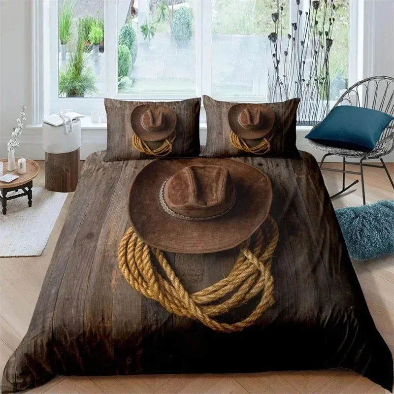 Western Cowboy Duvet Cover Set,Vintage Riding Bull Wooden Old Sign Wilderness At Sunset Image Retro Style Bedding Set King Size