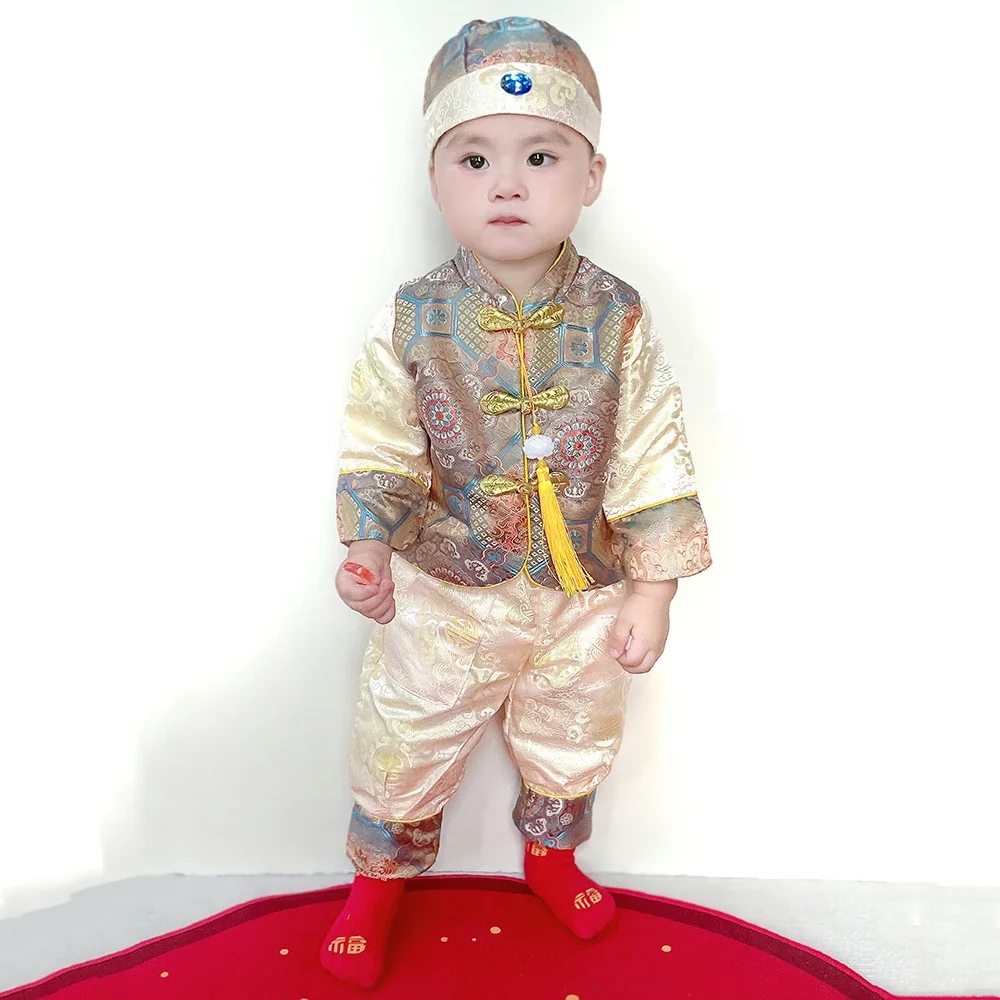 2024NEW Golden Chinese Hanfu For Baby Boy Embroidery Tang Suit Birthday Clothing Summer Long Sleeve Full Moon Gift New Year