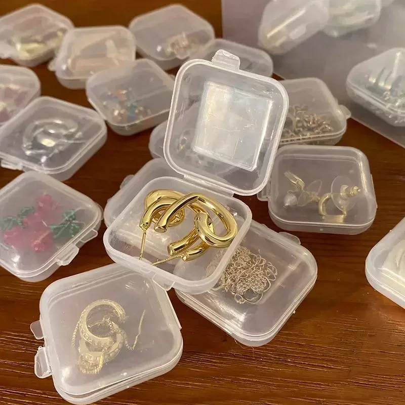 1/100 buah kotak penyimpanan Mini transparan persegi plastik casing untuk anting cincin perhiasan kemasan portabel penyimpanan bahan makanan Organizer