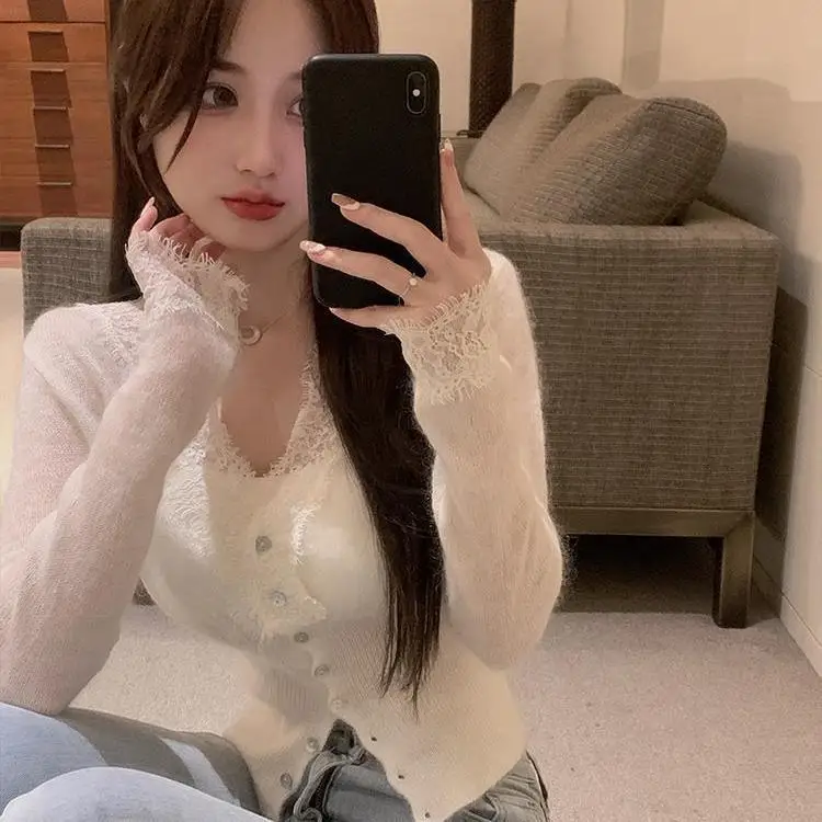 Genlte V Long Sleeve Blue Cropped Cardigan Thin Full White Lace Shirts for Women Jumpers Slim Sweaters 2024 Fall