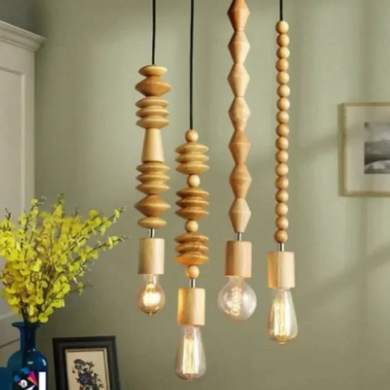 Retro Style Pendant Lights Oak Wooden Geometric Beads Pendant Lamp Wood Hanging Cord Ornaments Room Decor Dream Catcher