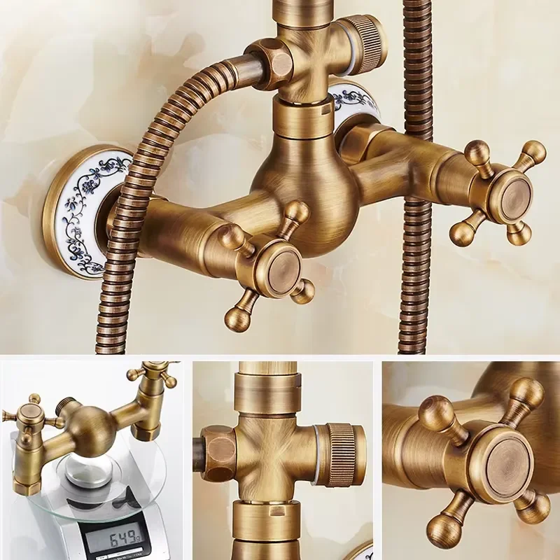 Modern Wall Mount Antique Copper Brass Double Lever Bathroom Rain Shower Mixer Faucet Set