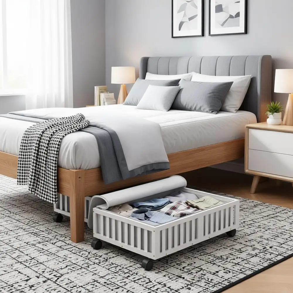 

Набор из 2-х контейнеров для хранения под кроватью на колесиках для обуви, одежды и игрушек - белые