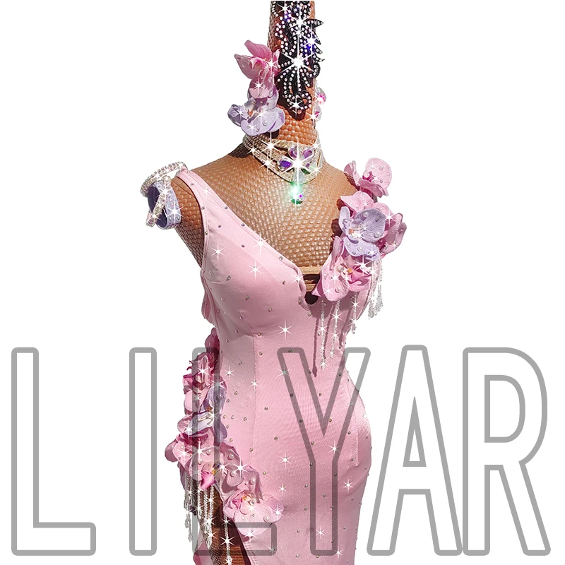 New Latin Dance Competition Performs Adult Girl Pink 3D Flower Pearl Sparkling Diamond Dance Dress