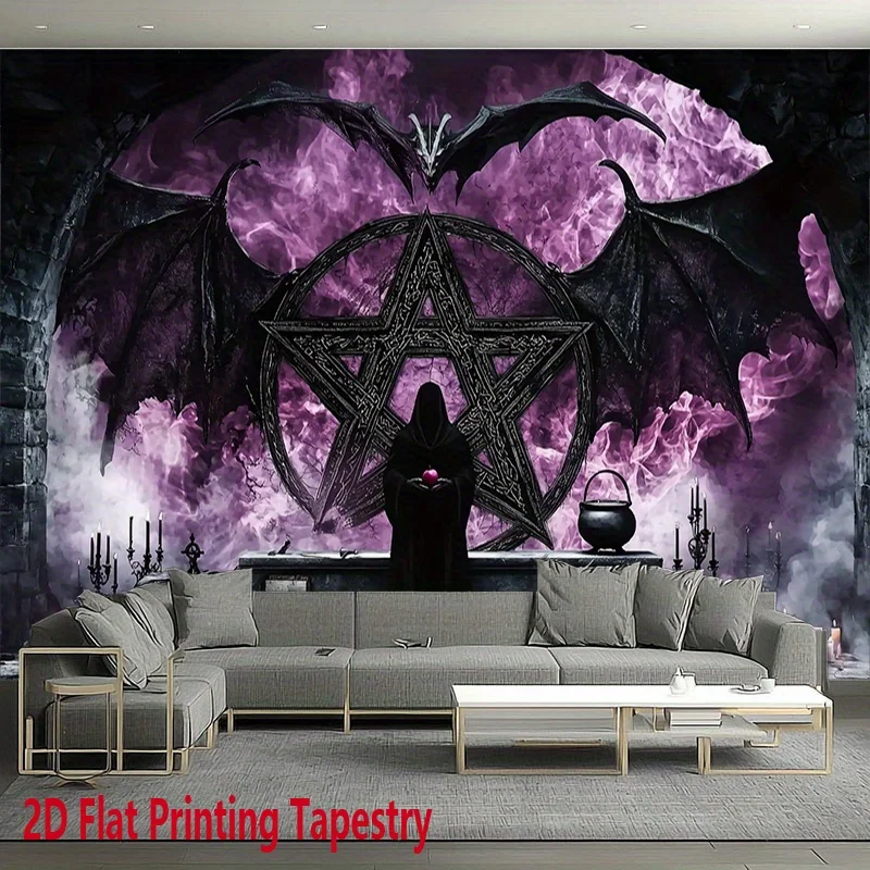 VIKAMA Halloween Gothic Wall Tapestry Purple Smoke Pentagram Bat Black Robe Wizard Altar Mysterious Skeleton Dark Wallpaper Part