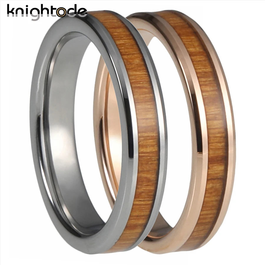 4mm Tungsten Carbide Ring Yellow Peach Wood Inlay Women Men Vintage Wedding Band Jewelry Beveled Edges High Polished Comfort Fit