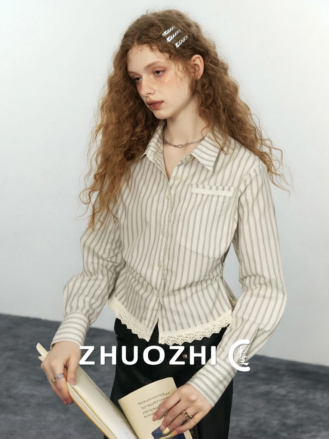

ZhuoZhi lect Molecule Striped irt Slimming Long Sve Commute Sle Spring New Arrival Women's Premium Faion Top