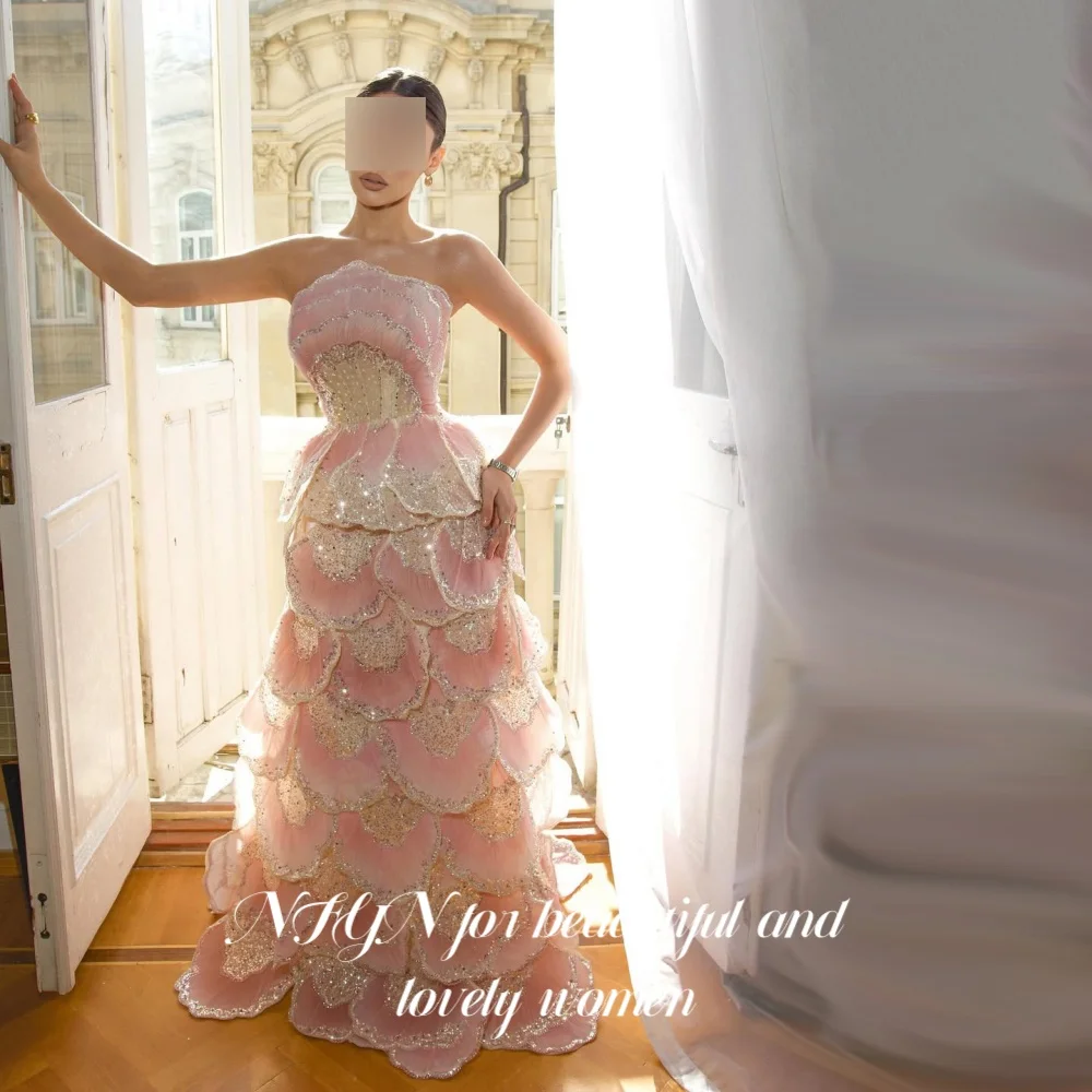 NFYN Dreamy Blush Pink Strapless Evening Dress Petal Ruffle Beaded Crystal Prom Gown Long Floor Tiered Party Dresses Customized