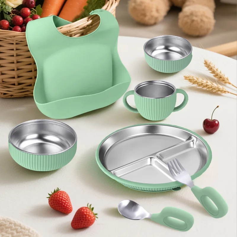 3PCS Stainless Steel Dishes Plate Baby Feeding Bowl Detachable Suction BPA Free Silicone Training Fork Spoon Baby Newborn Items