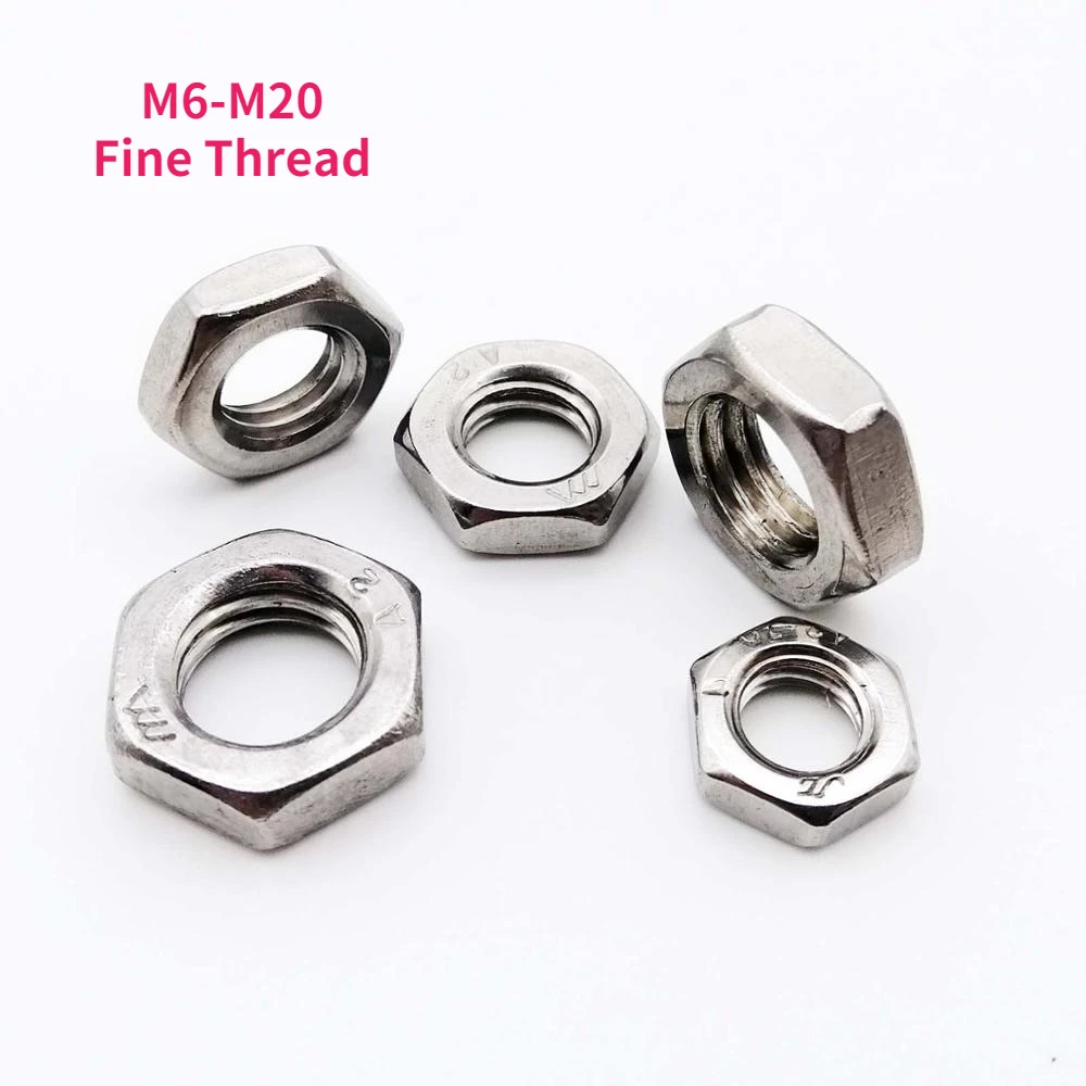 M6 M8 M10 M12- M20 304 A2-70 Stainless Steel Fine Thread Flat Hex Hexagon Thin Nut Jam Nut Thin Nut Pitch 0.75/1.0/1.25/1.5mm