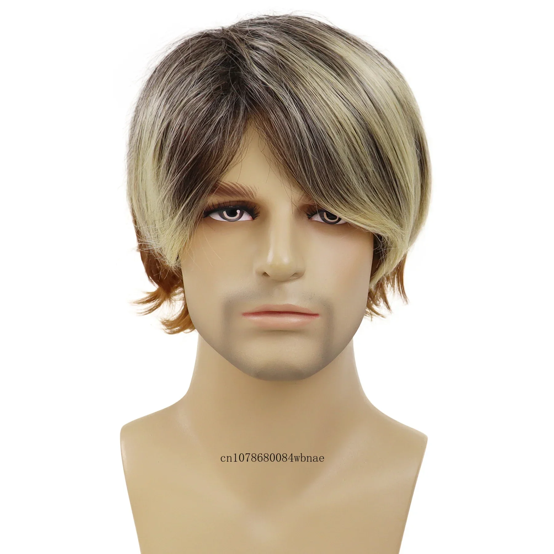 Brown Mix Blonde Wigs Synthetic Cosplay Wig with Bangs for Men Male Natural Wavy Cool Hair Daily Party Costume Heat Resistant