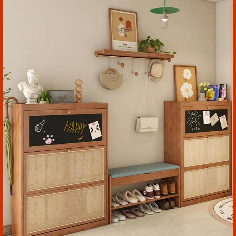 

Solid Wood Shoe Cabinet Tilting Household Ultra-Thin Entrance Door Extremely Narrow Wall Cherrywood Household Shoe Cabinet