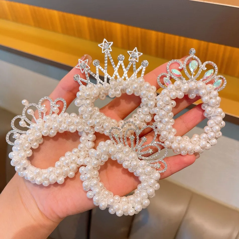 Girls Pearl Beaded Crown Hair Tie Lady Tiara Ponytail Holder Princess Birthday Wedding Flower Girl Elastic Hair Band Ring ZX07