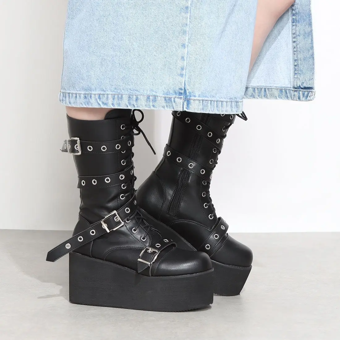 Women Goth Winter 39 Studded Punk Chunky Knee High Heels Round Head Platform Leather Y2k Boots Ladies Shoes On Offer