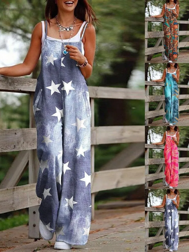 

2025 Summer New Printed Suspender Women's Jumpsuits Fashionable Casual Loose Wide-leg Pants Floor Jumpsuits Females