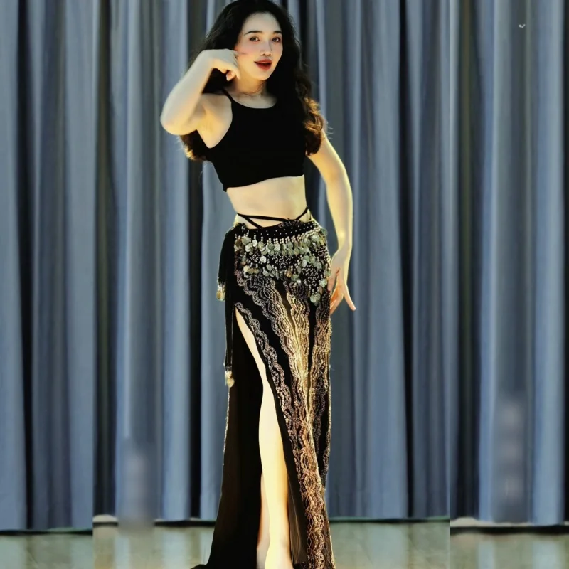 Nowe stroje do ćwiczeń tańca brzucha Czarny top bez rękawów + długa spódnica z rozcięciem 2 szt. Damskie stroje do tańca orientalnego dla dorosłych