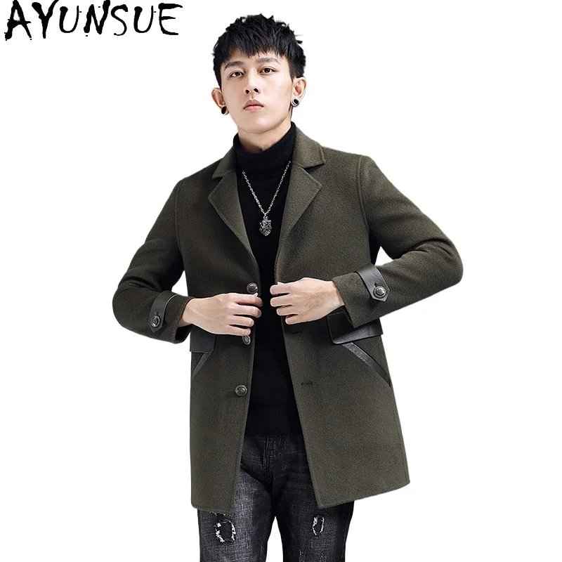AYUNSUE 100% Wool Coats for Man Autumn Winter 2025 Mid-length Fashion Double-sided Woolen Jacket Men Clothing Jaqueta Masculina