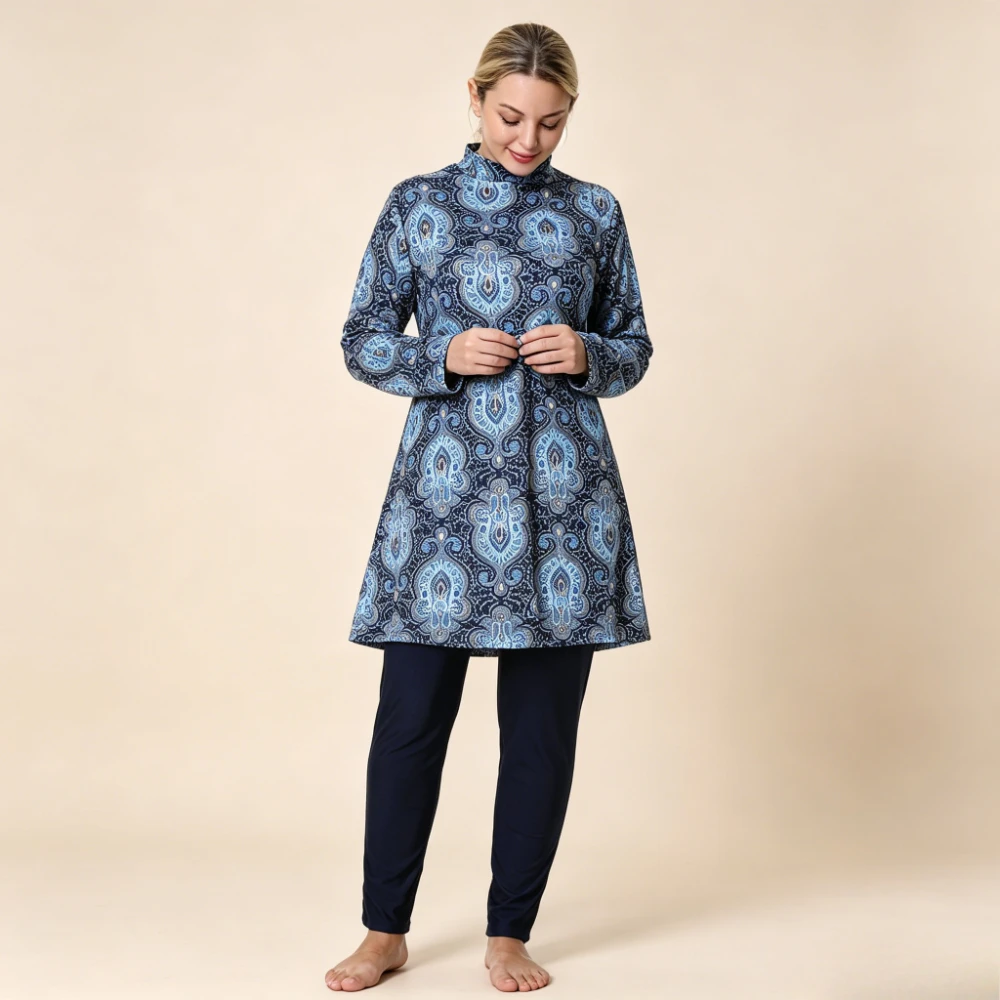 New Plus Size 3PCS Paisley Print Burkini Swimwear High Neck Long Sleeve Tunic Top Full Length Pants with Cap Muslim Bathing Suit
