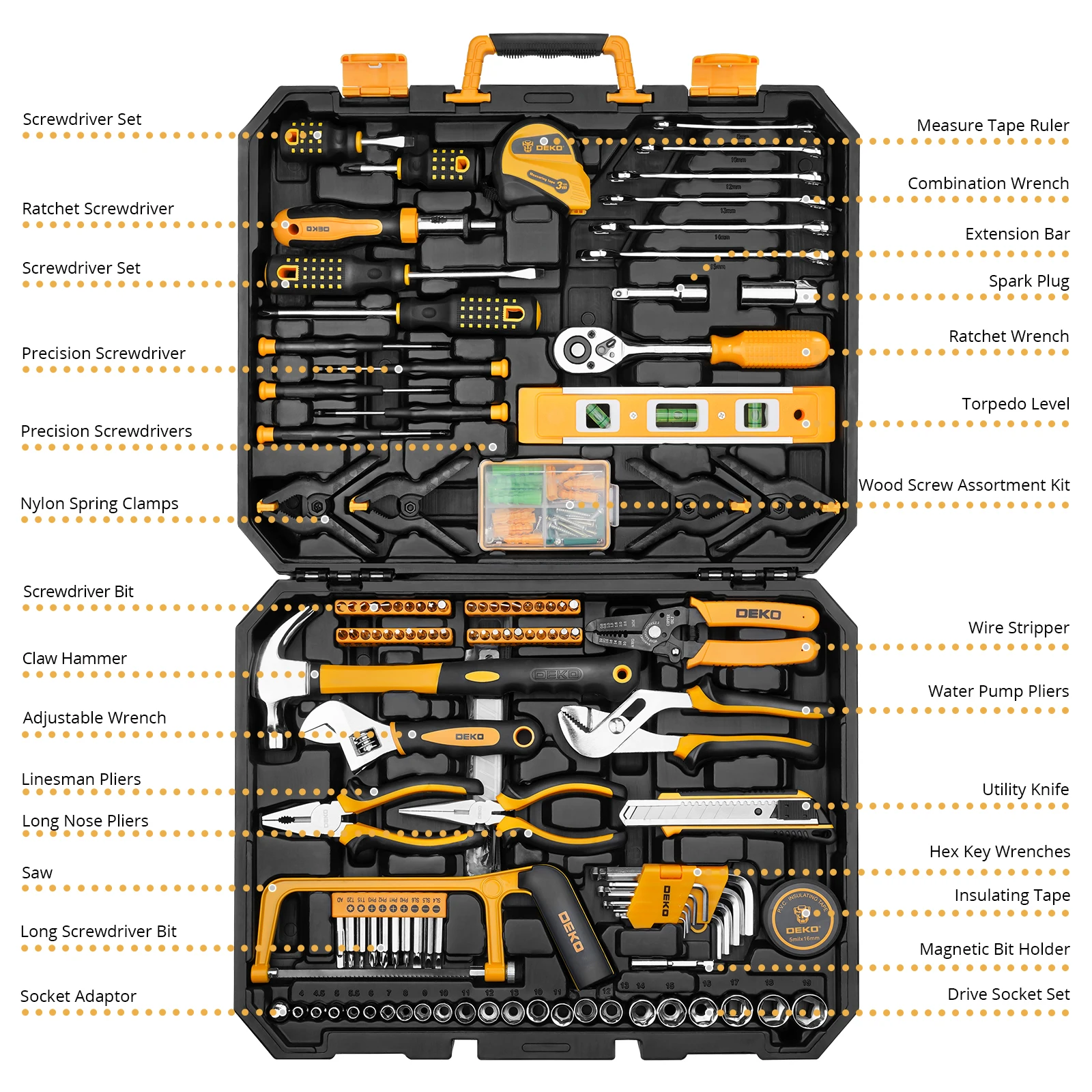 Imagem -02 - Deko-auto Repair Conjunto de Ferramentas Misturado com Toolbox Plástico Chave Soquete Combinação Pacote Hand Tool Kit Estojo 228 Pcs