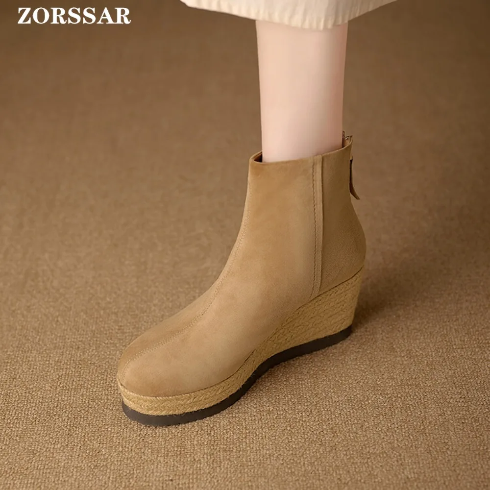 العلامة التجارية تصميم حذاء نسائي بكعب عالٍ Bootie طفل الجلد المدبوغ الإناث الأحذية الحديثة منصة النساء الأحذية موضة أسافين حذاء من الجلد المشمش الأسود #6