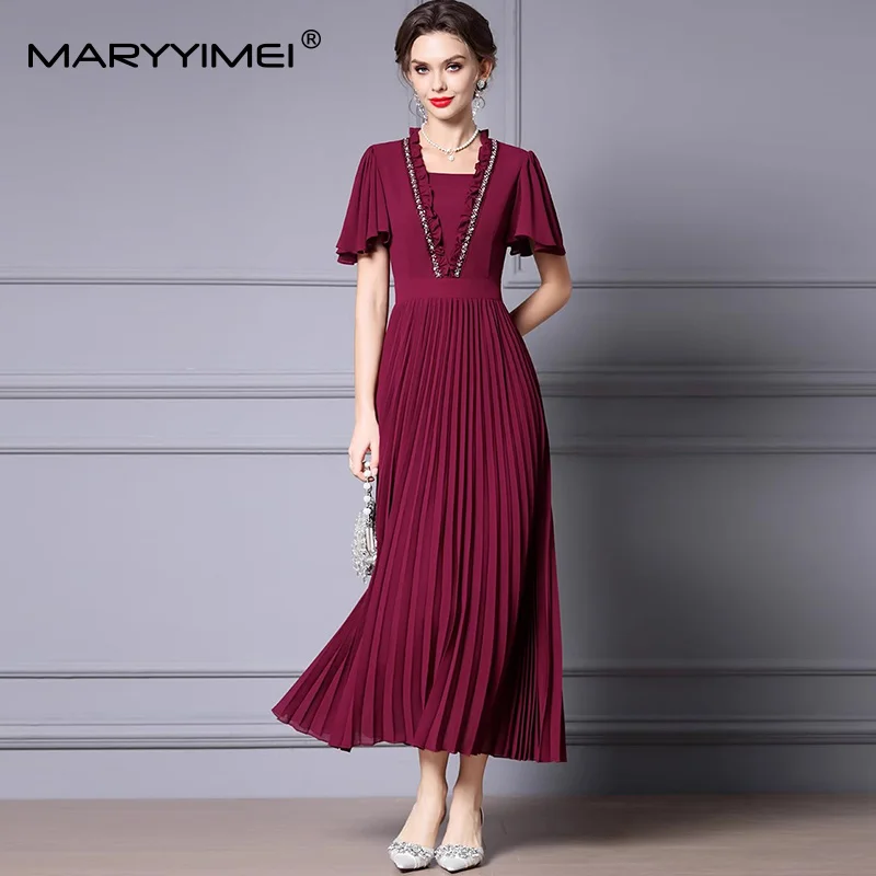

MARYYIMEI Fashion Design Women Dress Short Sleeve Solid Pleated Splicing Fungus Elegant M-3XL Dresses Spring Summer New