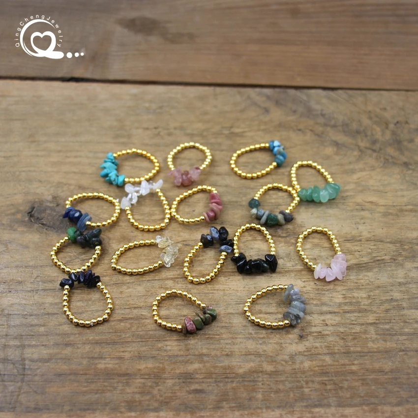 Healing Crystal Chip Stackable Rings Golds Brass Round Beads Natural Stone Gravel Stretchy Ring Fashion Women Jewelry,QC4218