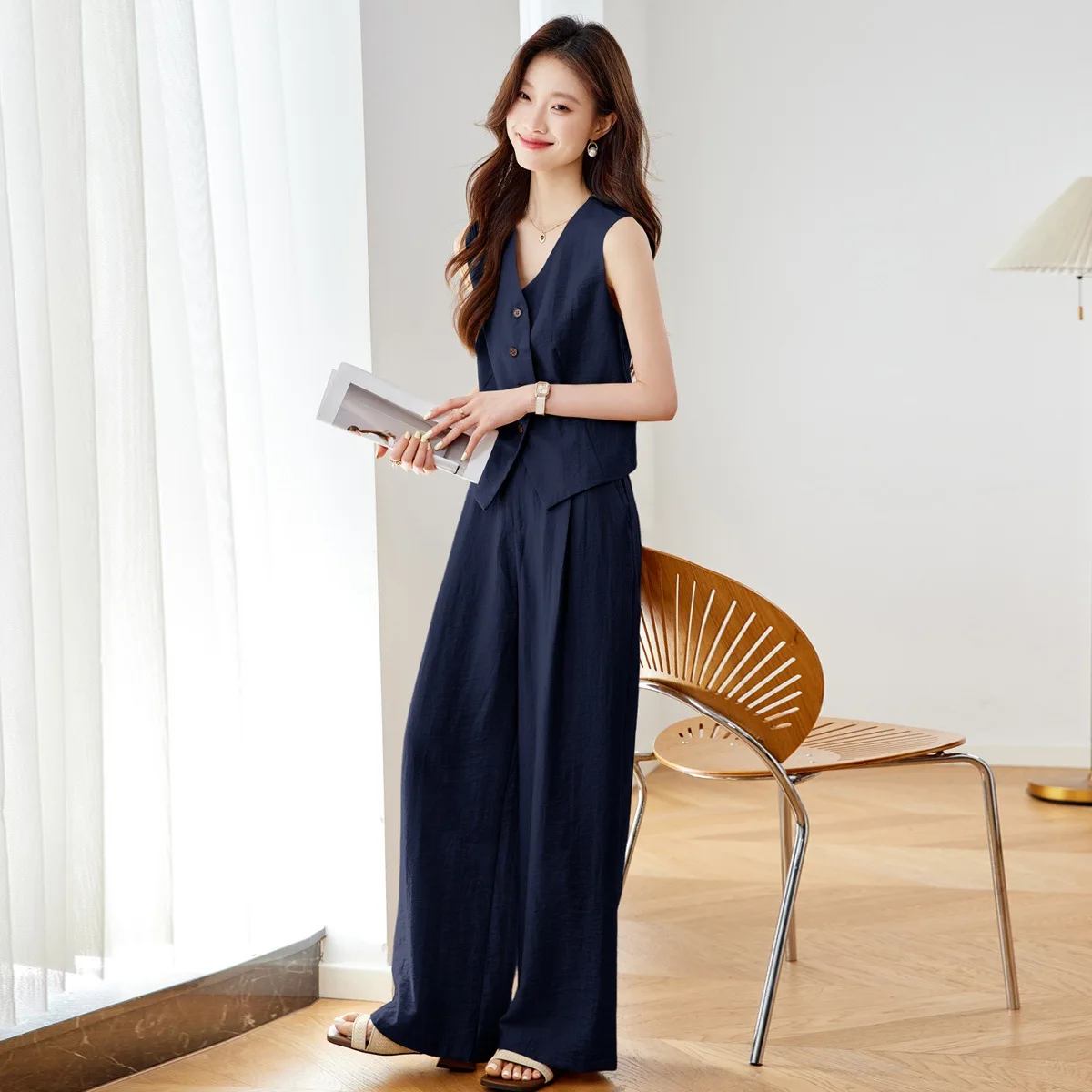 طقم بدلة نسائي من الكتان مكون من قطعتين بدلة مكتب للسيدات طقم بدلة صيفية للأعمال اليومية مخصصة #3