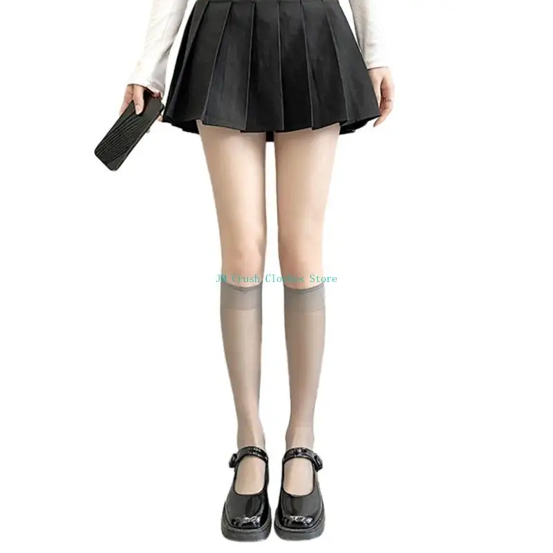 

K1ME Women Spring Summer Sheer Silky Knee High Socks Non-Slip Elastic Top Solid Color Ultra-Thin Transparent Breathable Long