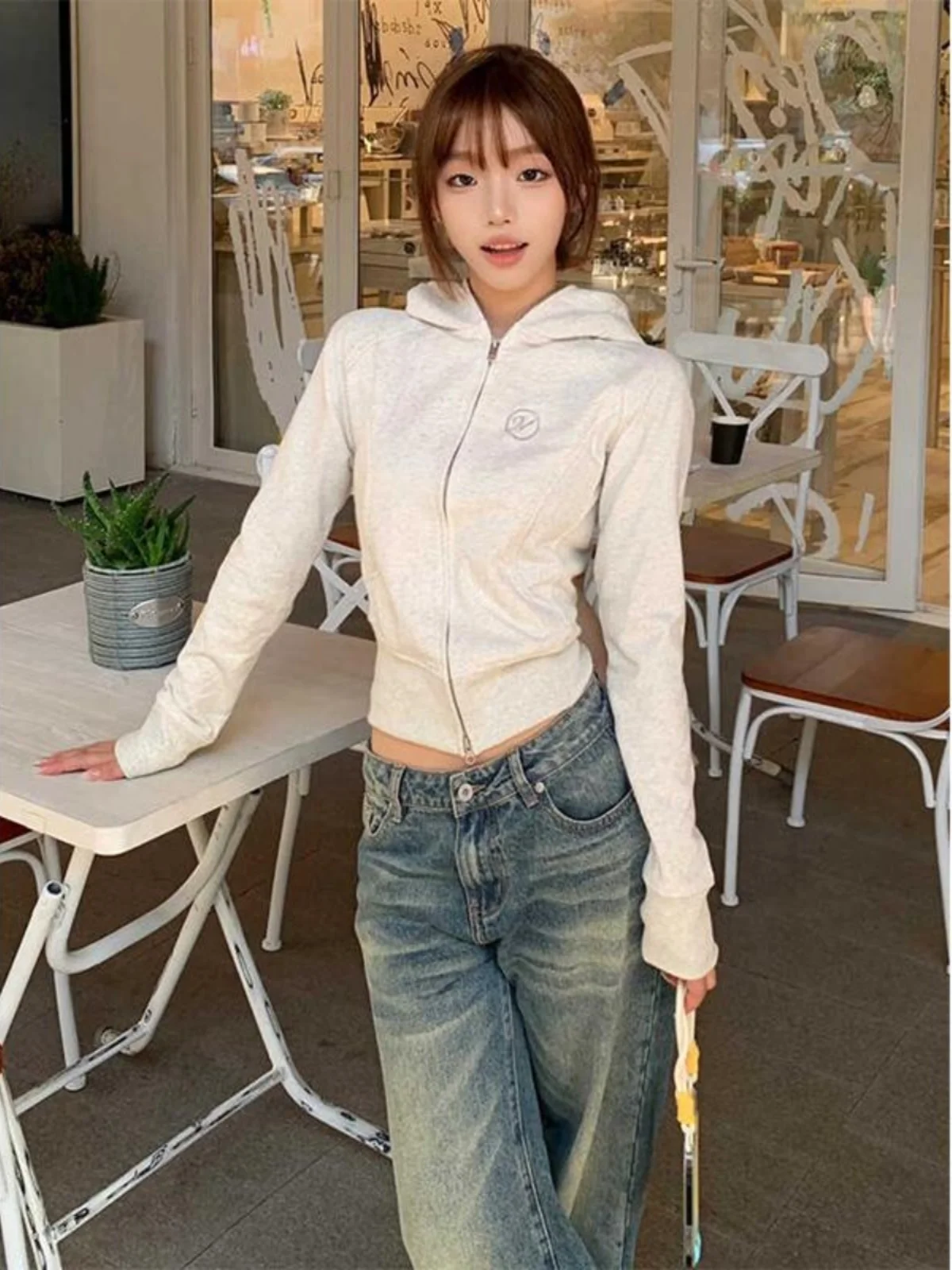 

Женская толстовка на молнии Slim Fit, короткий кардиган, корейская версия, с длинными рукавами, из полиэфирного волокна, осенняя новинка