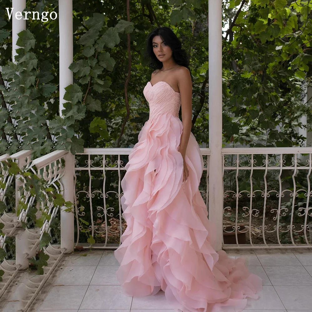 

Verngo Pink Tulle Evening Dresses Strapless Long Pleat Prom Gowns Elegant Women Saudi Arabic Formal Party Dress