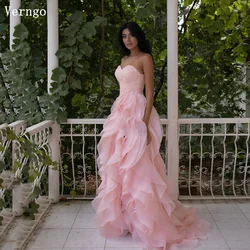 Verngo Pink Tulle Evening Dresses Strapless Long Pleat Prom Gowns Elegant Women Saudi Arabic Formal Party Dress