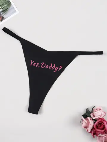Varsbaby Funny Letter Printed T-Back Thong Women Low Waist G-string with Yes Daddy Prints Girl Lady Black Underpanties