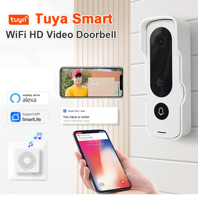 Jeatone TUYA Video Doorbell 2.4G WiFi Wireless Smart Outdoor Home Video Intercom 1080P Door Bell PIR Motion Detection Camera Kit