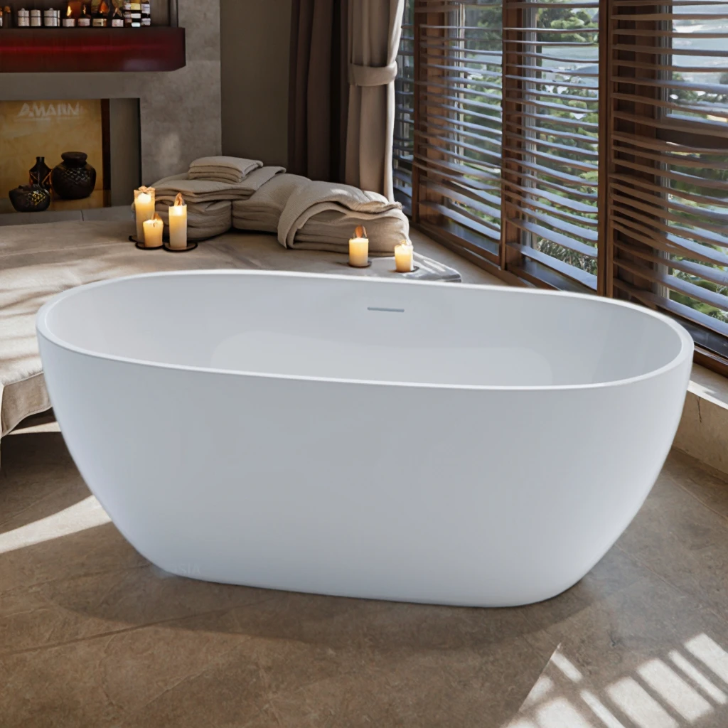 

Modern Indoor Oval Shape White Freestanding Bathtub Whirlpool with Drainer Soaking for Apartment or Villa Bathroom
