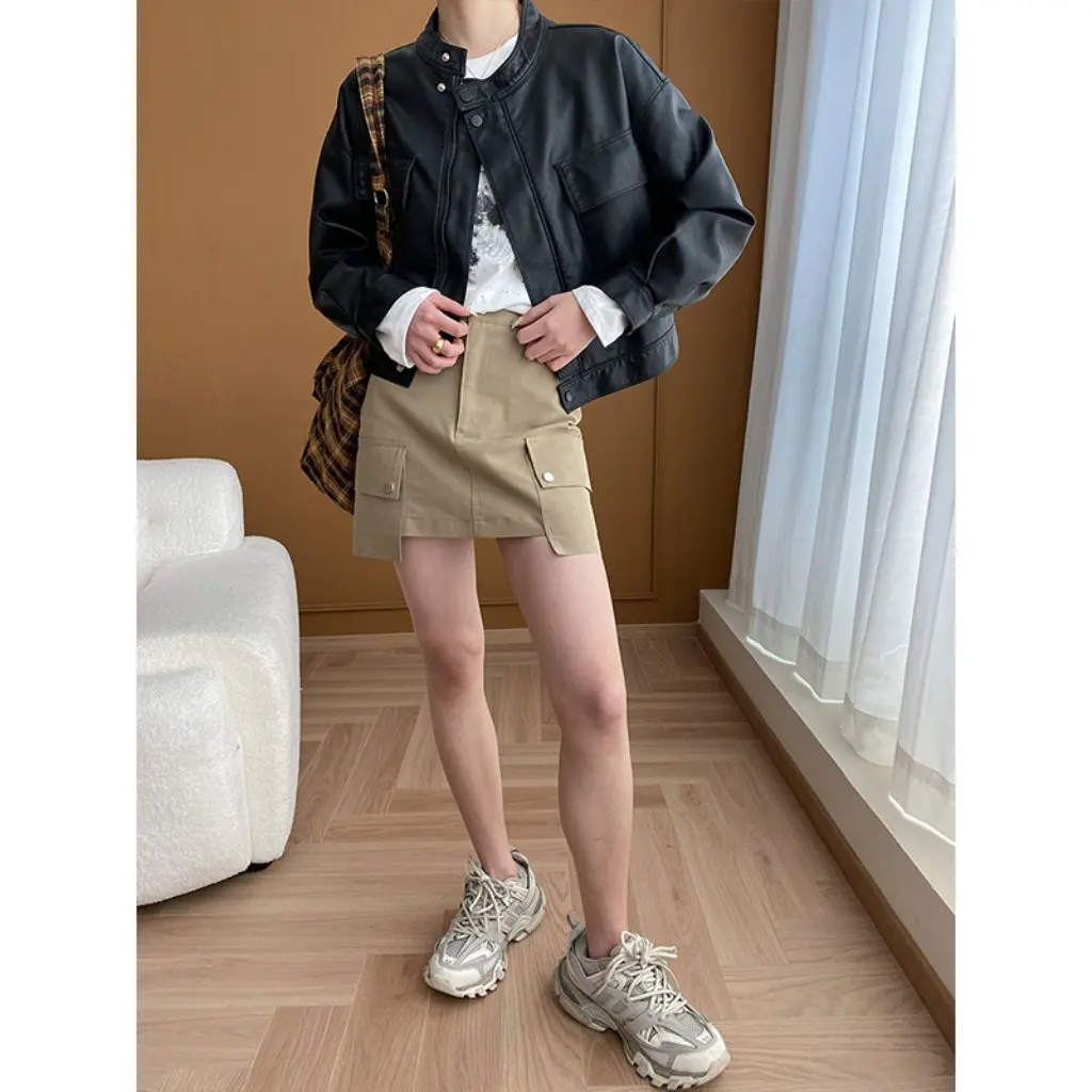 

Sinan American Modern Retro Workwear Stand Collar Short Leather Jacket Women's Autumn Winter Fashion Outerwear