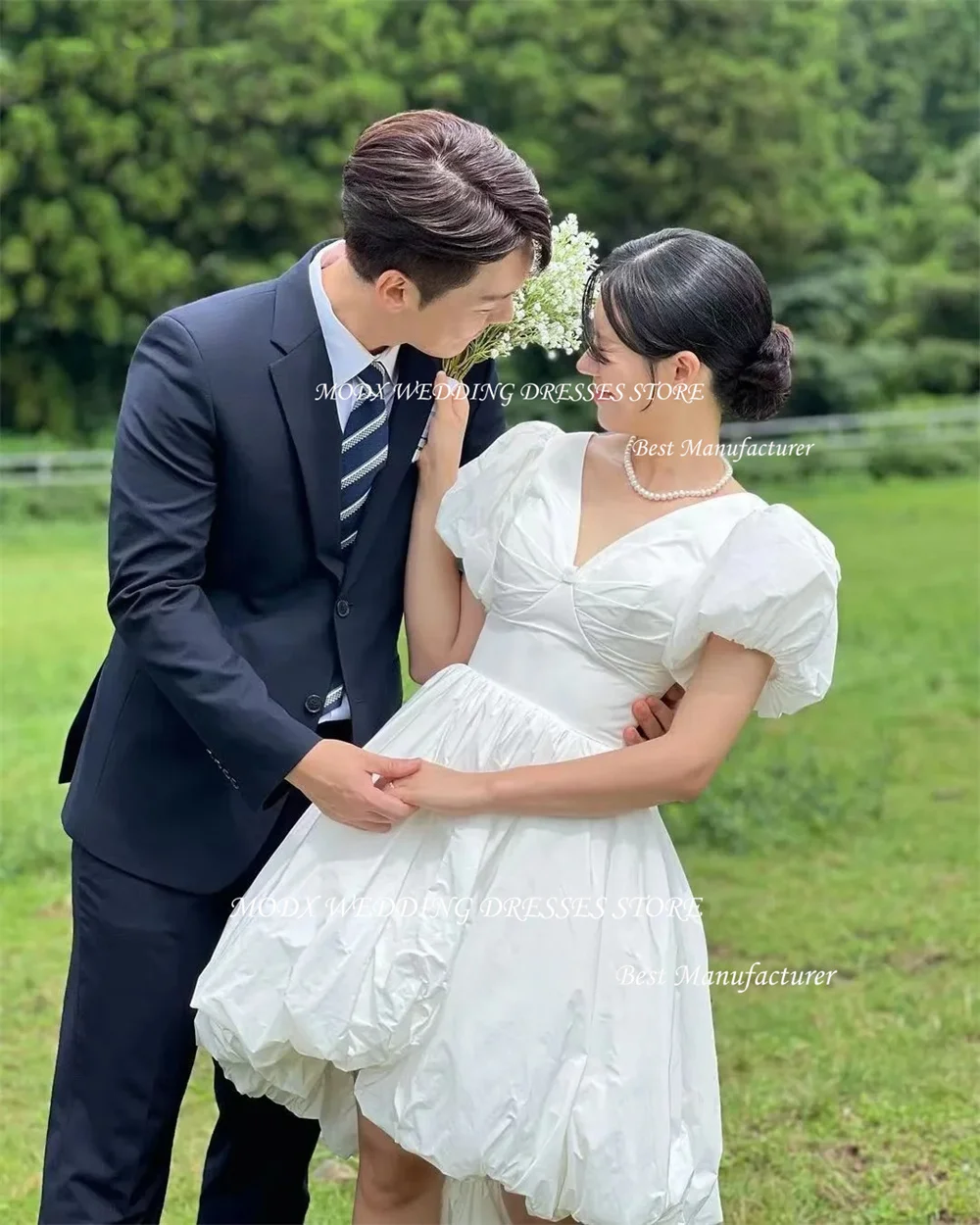 MODX V Neck Knee Length Cocktail Dresses Taffeta A Line Korea Wedding Dress Photo Shoot With Short Puff Sleeves Bridal Gowns