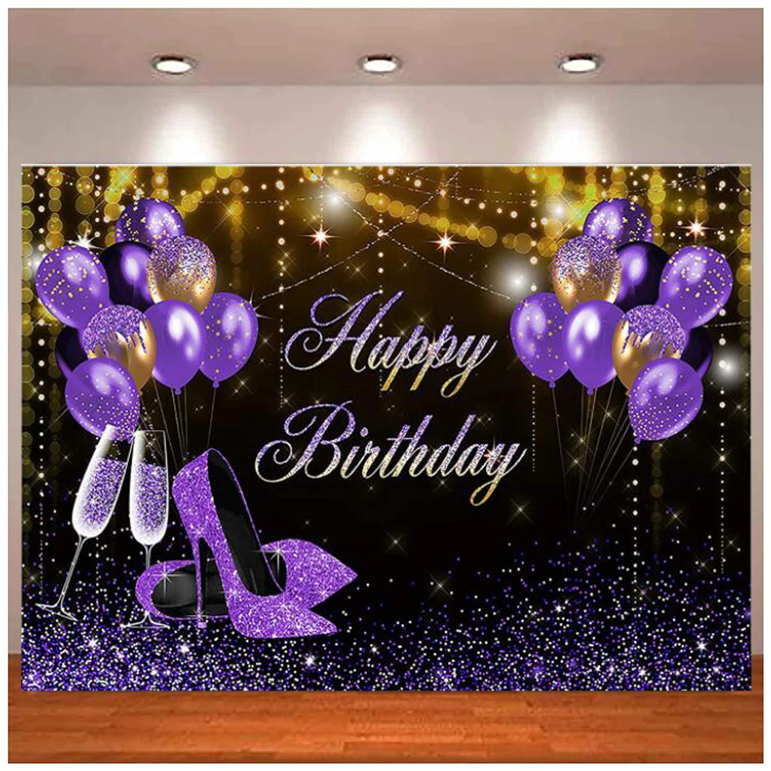 Photography Backdrop For Girl Women Happy Birthday Party Banner High Heels Champagne Glitters Purple Balloons Decor Background