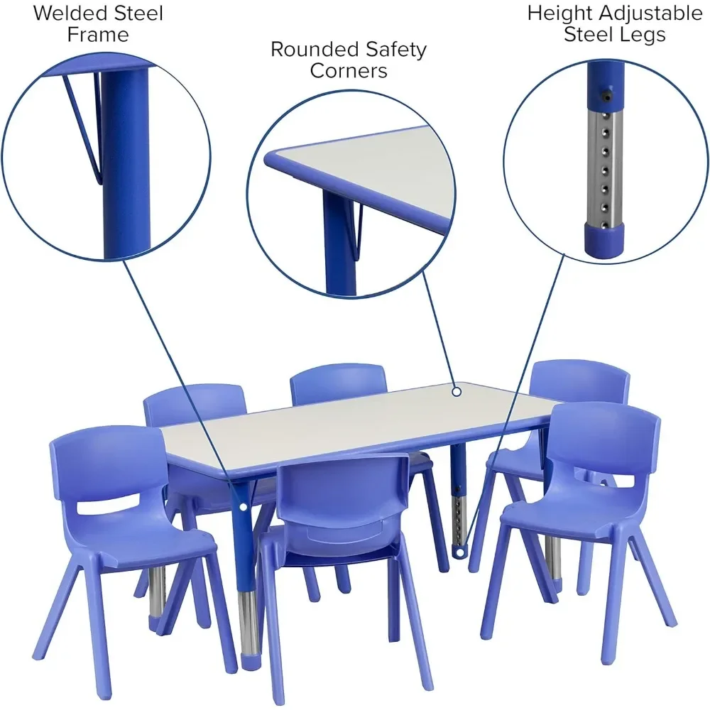 Table d'Activité Rectangulaire en Plastique Bleu, Réglable avec 6 Chaises, Table d'Étude pour Enfants