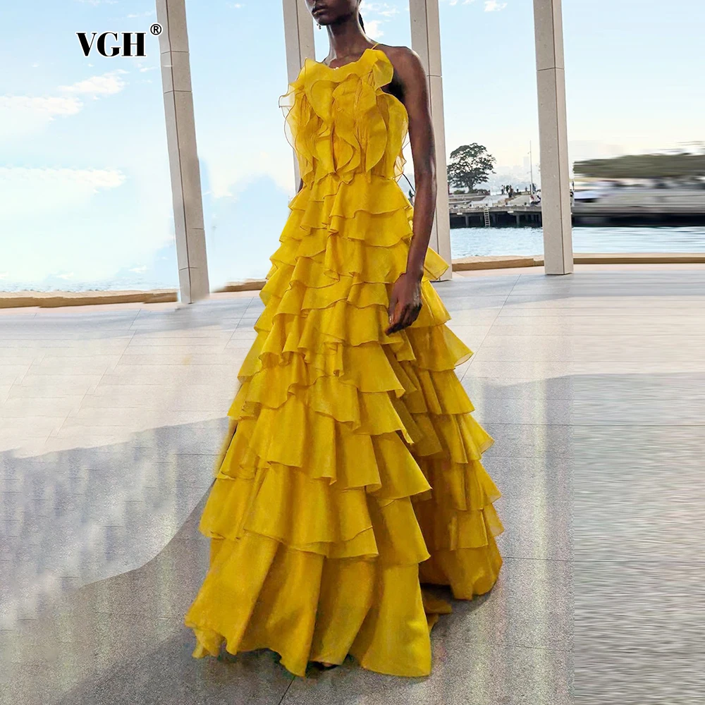 

VGH Elegant Spliced Ruffles Off Shoulder Dresses for Women Halter Sleeveless High Waist Evening Solid Long Dresses Female Summer