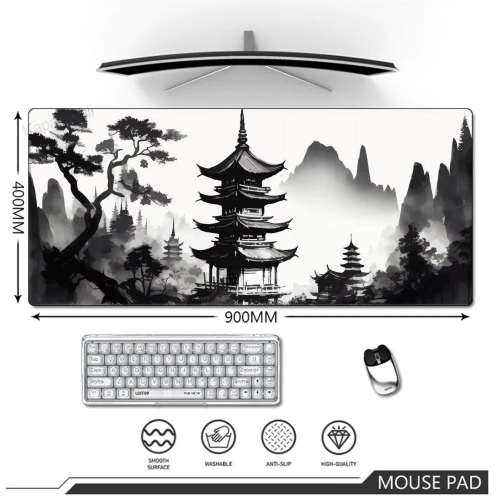 Laptop Gamer Mousepad Gaming Mountain Serenity Mouse Pad Large Rug Locking Edge Keyboard 100x50cm Desk Mat Black And White