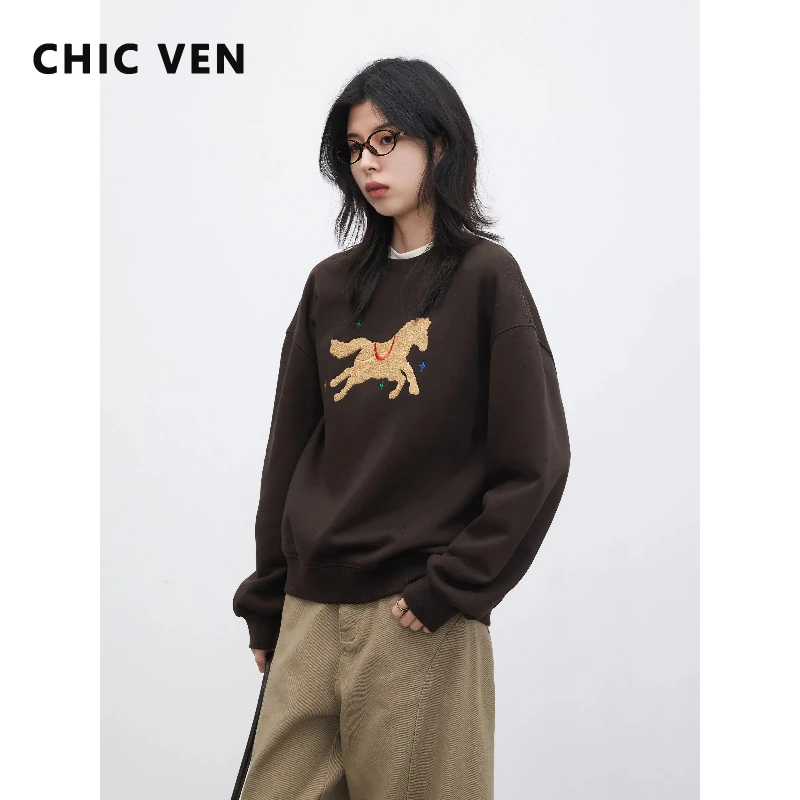

Стильные корейские женские свитшоты CHIC VEN: свободный крой, круглый вырез, контрастные цвета, вышивка пони, женский топ, весна-осень 2026, одежда