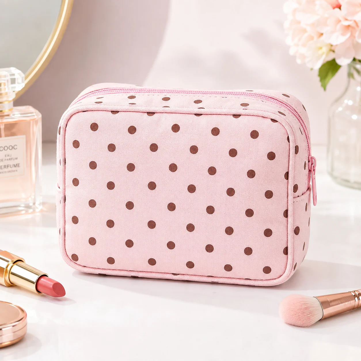 Makeup Bag Pink Polka Dot Cosmetic Pouch Soft Zipper Toiletry Organizer Travel Beauty Storage Case Women Wash Bag Vanity Pouch