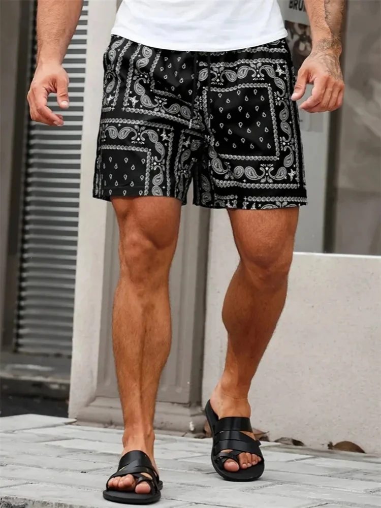 Classic Perris Pattern Beach Short For Men Retro Print Drawstring Board Shorts Sea Vacation Casual Fashion Hawaii Swim Trunks