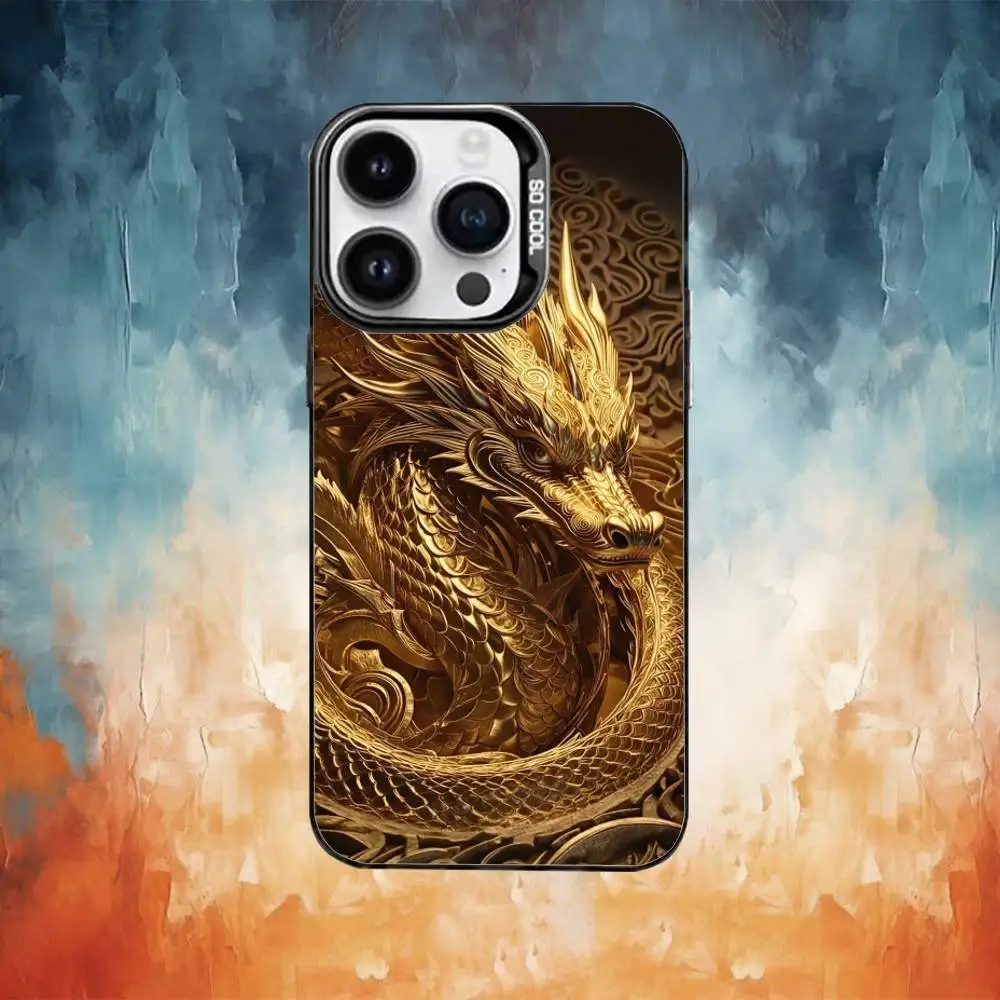 حافظة هاتف فاخرة منقوشة على شكل تنين لهاتف iPhone17,16,15,14,13,12,11 Plus، Pro Max غطاء مقاوم للصدمات من الحلوى السوداء غير اللامعة